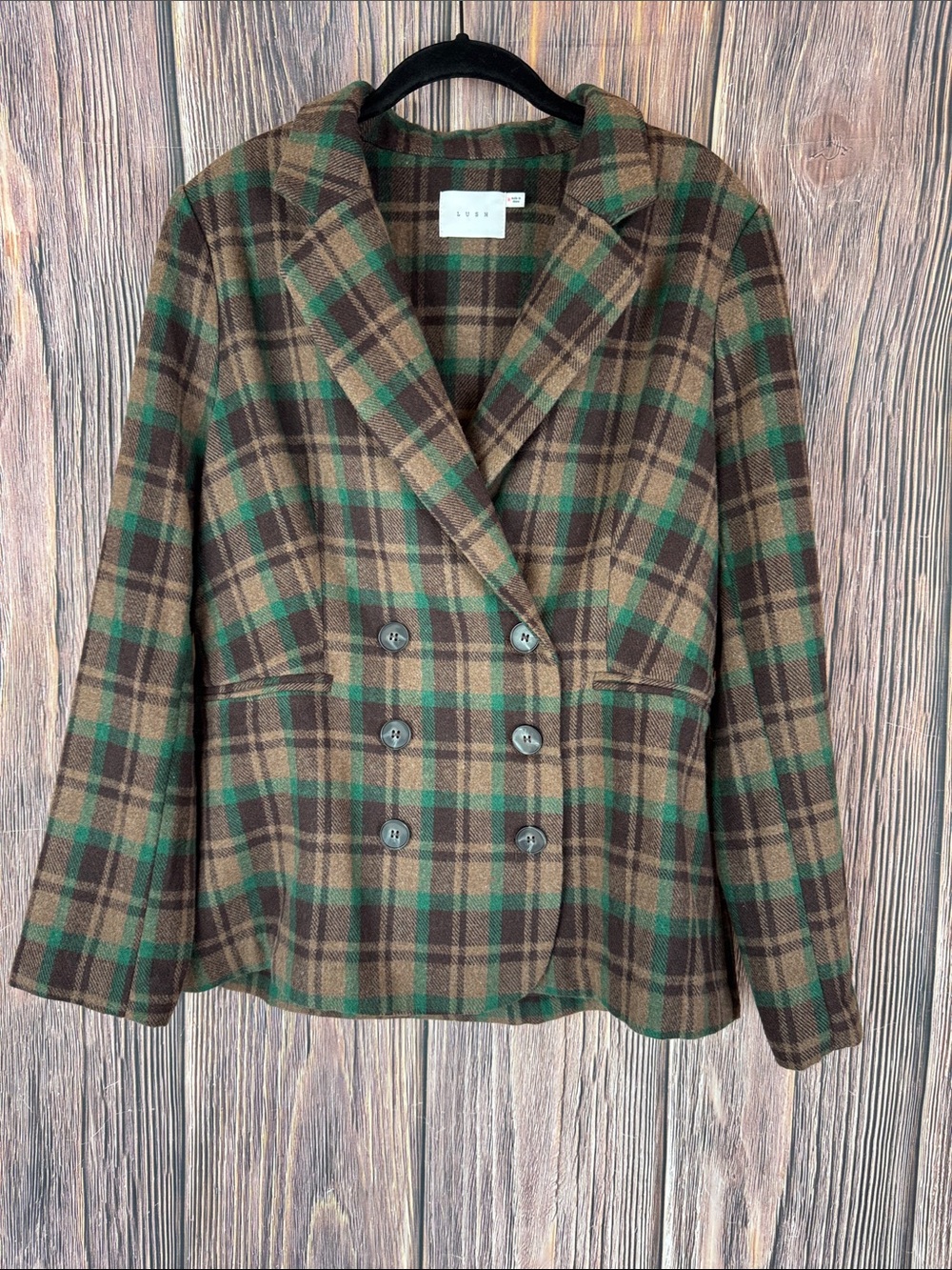 Lush Green and Brown Plaid Double-Breasted Blazer